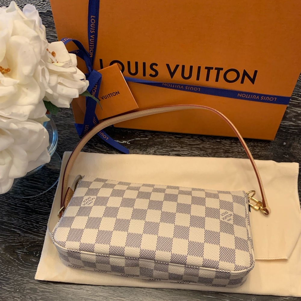 Louis Vuitton Damier Azur Canvas Clutch in White and Light Gray with Tan Strap